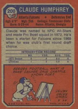 1973 Topps #200 - Claude Humphrey - Atlanta Falcons - Back