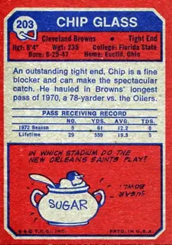 1973 Topps #203 - Chip Glass - Cleveland Browns - Back
