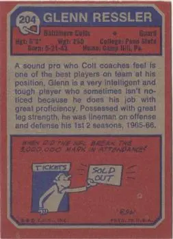 1973 Topps #204 - Glenn Ressler - Baltimore Colts - Back