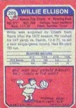 1973 Topps #205 - Willie Ellison - Kansas City Chiefs - Back