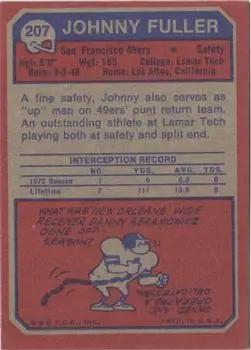 1973 Topps #207 - Johnny Fuller - San Francisco 49ers - Back