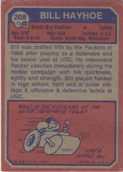 1973 Topps #208 - Bill Hayhoe - Green Bay Packers - Back 1973 Topps #208 - Bill Hayhoe - Green Bay Packers - Back