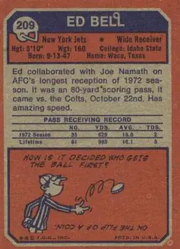 1973 Topps #209 - Ed Bell - New York Jets - Back