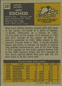 1971 Topps #231 - Mike Eischeid - Oakland Raiders - Back 1971 Topps #231 - Mike Eischeid - Oakland Raiders - Back