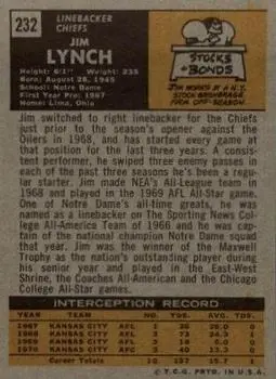 1971 Topps #232 - Jim Lynch - Kansas City Chiefs - Back 1971 Topps #232 - Jim Lynch - Kansas City Chiefs - Back