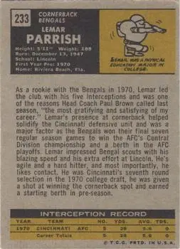 1971 Topps #233 - Lemar Parrish - Cincinnati Bengals - Back