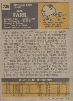 1971 Topps #236 - Mel Farr - Detroit Lions - Back