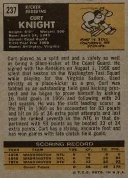1971 Topps #237 - Curt Knight - Washington Redskins - Back