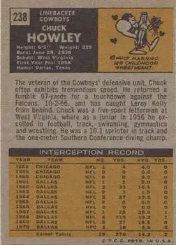1971 Topps #238 - Chuck Howley - Dallas Cowboys - Back