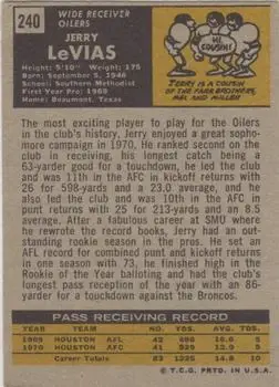 1971 Topps #240 - Jerry LeVias - Houston Oilers - Back