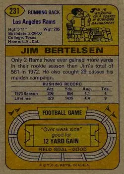 1974 Topps #231 - Jim Bertelsen - Los Angeles Rams - Back 1974 Topps #231 - Jim Bertelsen - Los Angeles Rams - Back