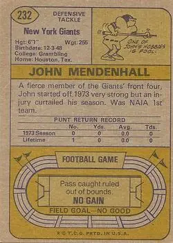 1974 Topps #232 - John Mendenhall - New York Giants - Back