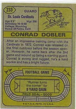 1974 Topps #233 - Conrad Dobler - St. Louis Cardinals - Back