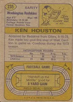 1974 Topps #235 - Ken Houston - Washington Redskins - Back