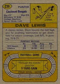 1974 Topps #236 - Dave Lewis - Cincinnati Bengals - Back