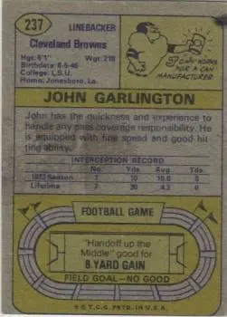 1974 Topps #237 - John Garlington - Cleveland Browns - Back