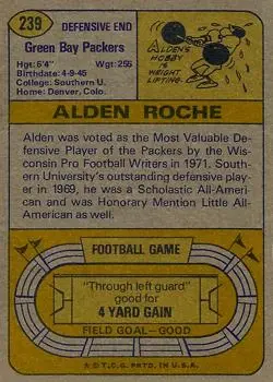 1974 Topps #239 - Alden Roche - Green Bay Packers - Back