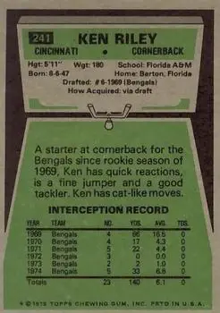 1975 Topps #241 - Ken Riley - Cincinnati Bengals - Back