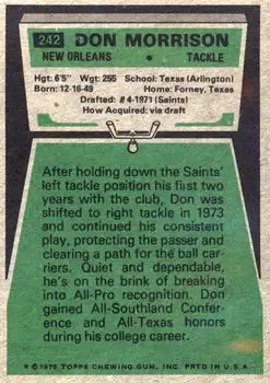 1975 Topps #242 - Don Morrison - New Orleans Saints - Back