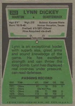 1975 Topps #243 - Lynn Dickey - Houston Oilers - Back