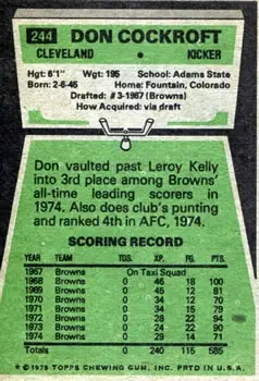 1975 Topps #244 - Don Cockroft - Cleveland Browns - Back 1975 Topps #244 - Don Cockroft - Cleveland Browns - Back