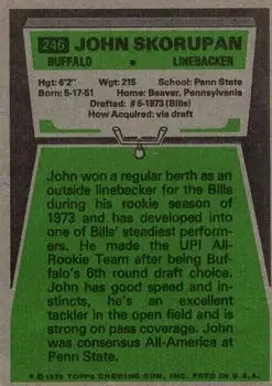 1975 Topps #246 - John Skorupan - Buffalo Bills - Back