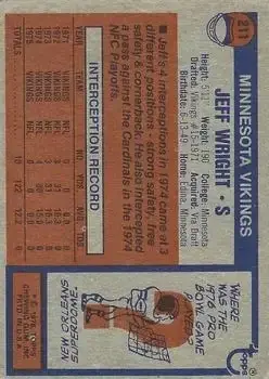 1976 Topps #211 - Jeff Wright - Minnesota Vikings - Back 1976 Topps #211 - Jeff Wright - Minnesota Vikings - Back