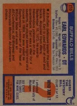 1976 Topps #213 - Earl Edwards - Buffalo Bills - Back 1976 Topps #213 - Earl Edwards - Buffalo Bills - Back