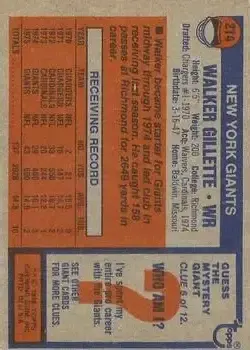 1976 Topps #214 - Walker Gillette - New York Giants - Back