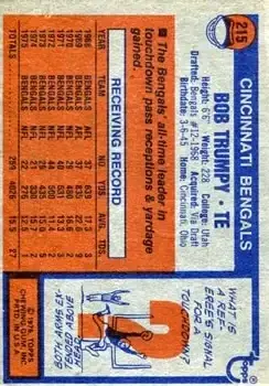 1976 Topps #215 - Bob Trumpy - Cincinnati Bengals - Back 1976 Topps #215 - Bob Trumpy - Cincinnati Bengals - Back