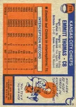 1976 Topps #216 - Emmitt Thomas - Kansas City Chiefs - Back
