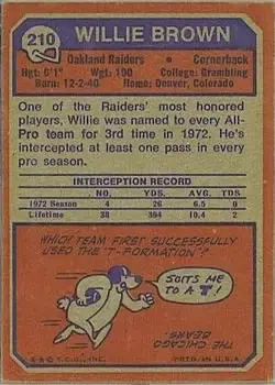 1973 Topps #210 - Willie Brown - Oakland Raiders - Back