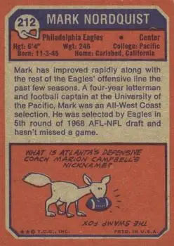 1973 Topps #212 - Mark Nordquist - Philadelphia Eagles