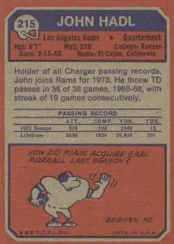1973 Topps #215 - John Hadl - Los Angeles Rams - Back