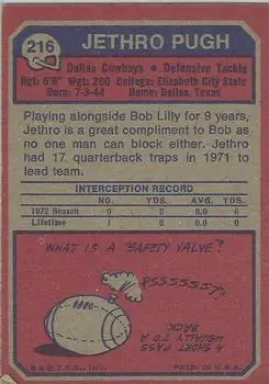 1973 Topps #216 - Jethro Pugh - Dallas Cowboys - Back