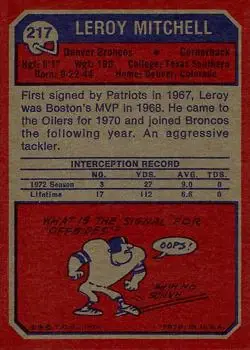 1973 Topps #217 - Leroy Mitchell - Denver Broncos - Back