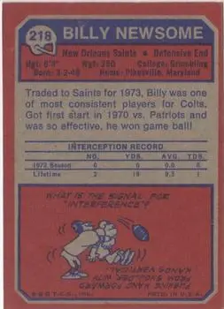 1973 Topps #218 - Billy Newsome - New Orleans Saints - Back