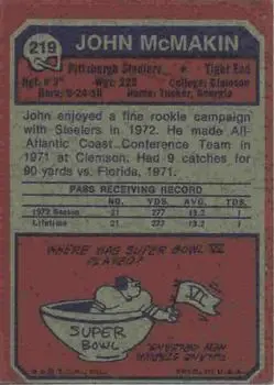 1973 Topps #219 - John McMakin - Pittsburgh Steelers - Back
