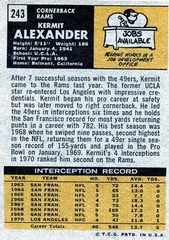 1971 Topps #243 - Kermit Alexander - Los Angeles Rams - Back