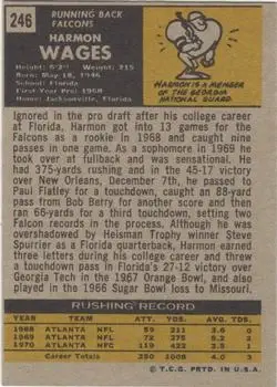 1971 Topps #246 - Harmon Wages - Atlanta Falcons - Back 1971 Topps #246 - Harmon Wages - Atlanta Falcons - Back