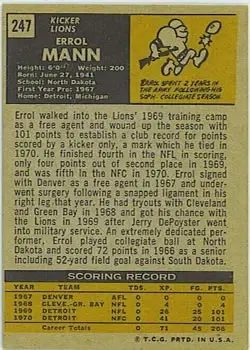 1971 Topps #247 - Errol Mann - Detroit Lions - Back