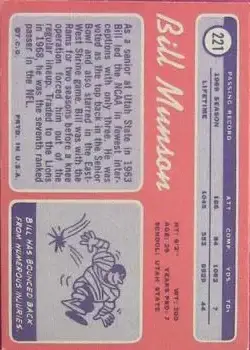 1970 Topps #221 - Bill Munson - Detroit Lions - Back