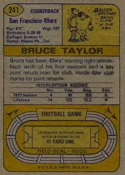 1974 Topps #241 - Bruce Taylor - San Francisco 49ers - Back