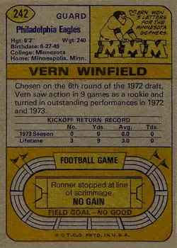 1974 Topps #242 - Vern Winfield - Philadelphia Eagles - Back