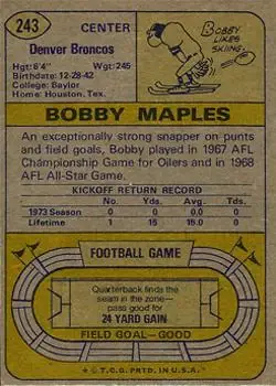1974 Topps #243 - Bobby Maples - Denver Broncos - Back