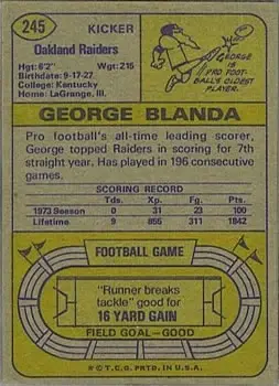 1974 Topps #245 - George Blanda - Oakland Raiders - Back