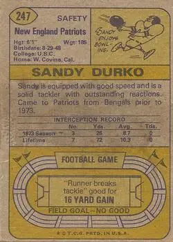 1974 Topps #247 - Sandy Durko - New England Patriots - Back