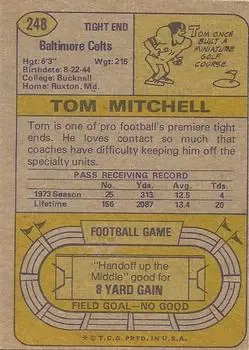 1974 Topps #248 - Tom Mitchell - Baltimore Colts - Back