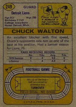 1974 Topps #249 - Chuck Walton - Detroit Lions - Back 1974 Topps #249 - Chuck Walton - Detroit Lions - Back