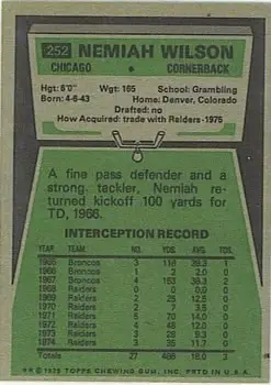 1975 Topps #252 - Nemiah Wilson - Chicago Bears - Back